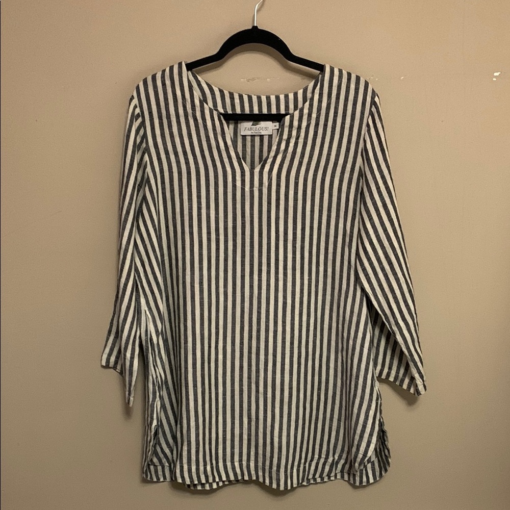 FABULOUS! NYC Women’s 100% Linen V-Neck Long Sleeve Blue Striped Tunic Medium